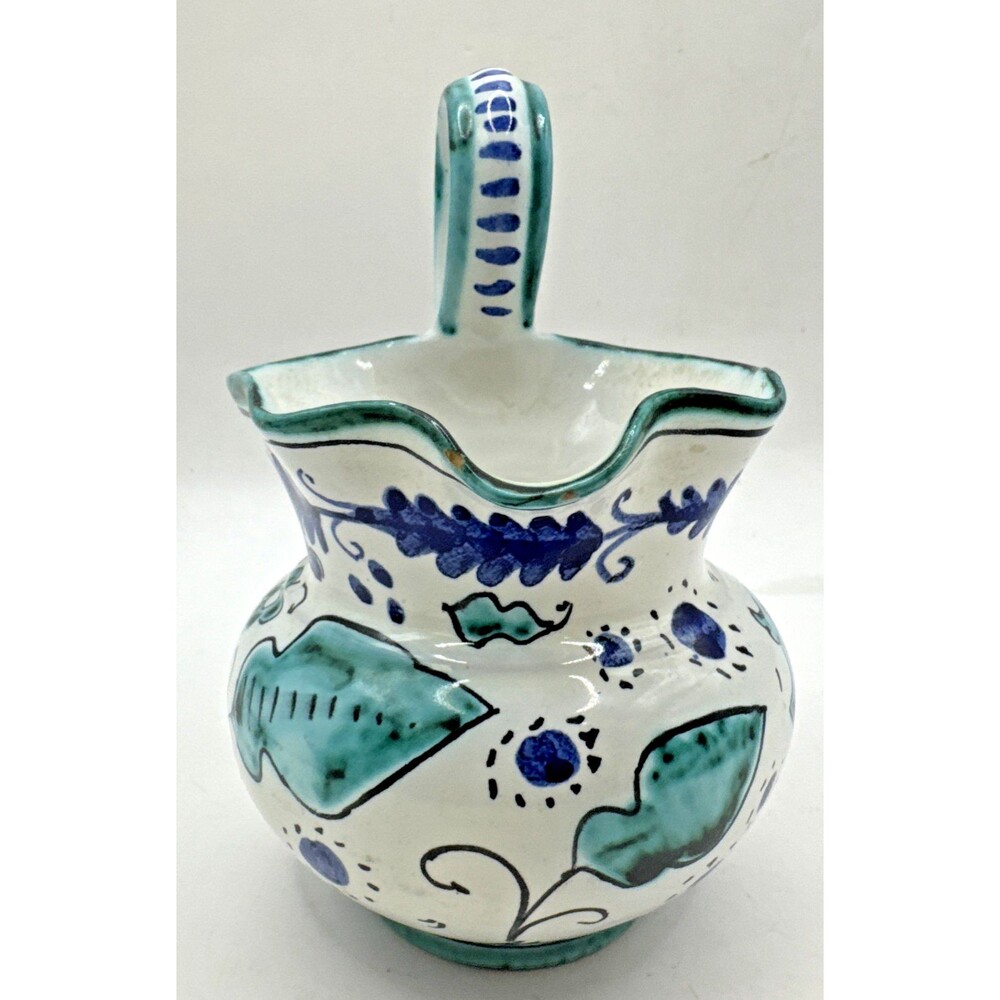Hand-painted Italian Pitcher Small Blue Teal green Cat animal Flowers 5” Tall - Picture 5 of 7
